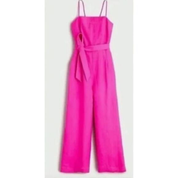 NWT! J.Crew Women Tie Waist Linen Jumpsuit size 16 Hot Pink Square Neck Wide Leg - Picture 2 of 13